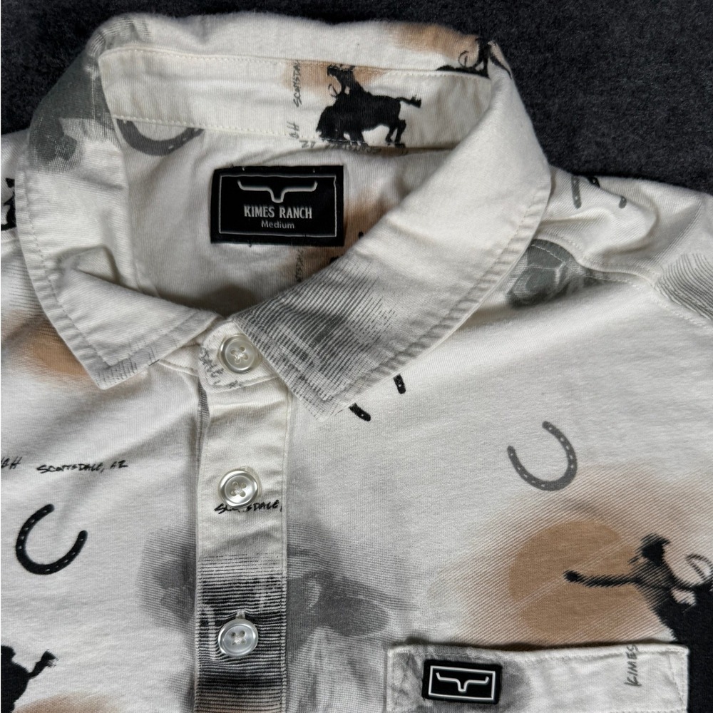 Kimes Ranch Mens M Bayard Polo Shirt Western Bronc Rider Horseshoe Print Cream - Picture 3 of 9